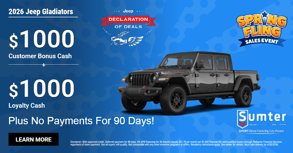 2026 Jeep Gladiators $1,000 Bonus Cash + $1,000 Loyalty Cas