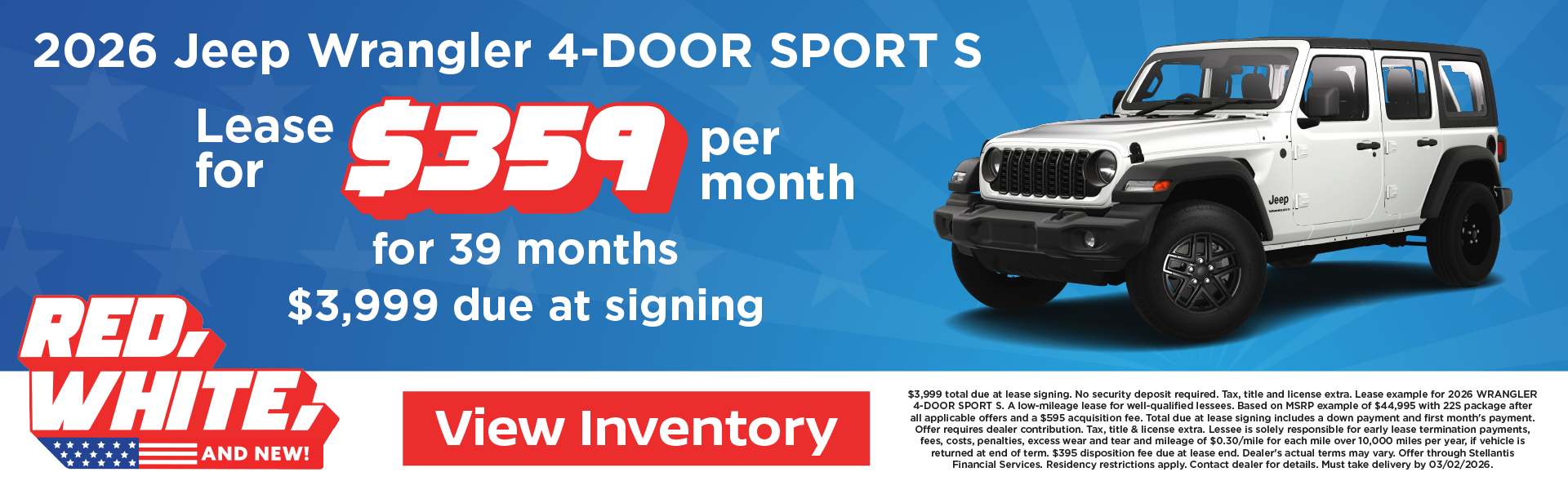 2026 Jeep Wrangler 4-DOOR SPORT S Lease for $359 per month f