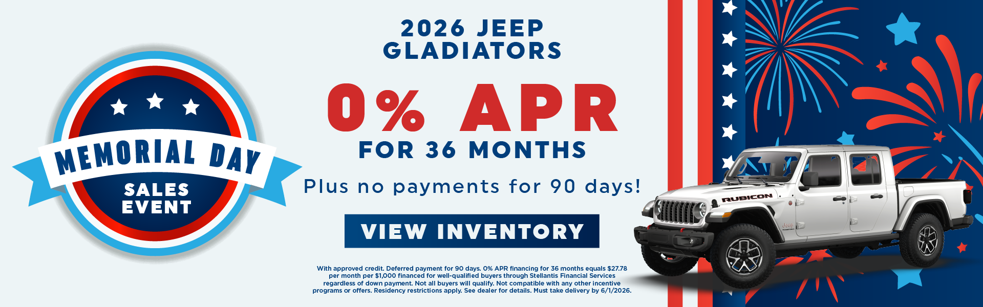 2026 Jeep Gladiators 0% APR for 36 months Plus no payments f