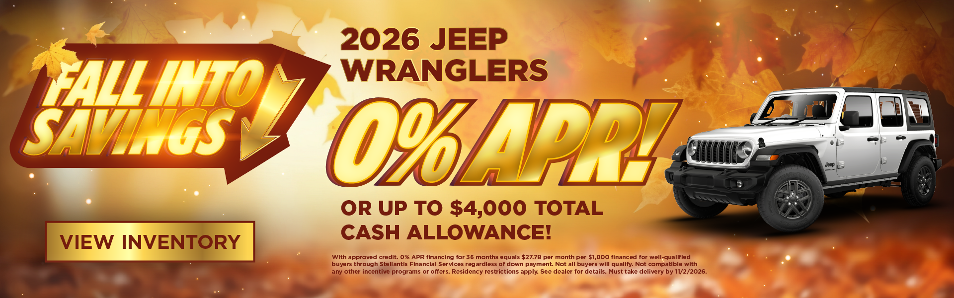 2026 Jeep Wranglers 0% APR or up to $4,000 Total Cash Allowa