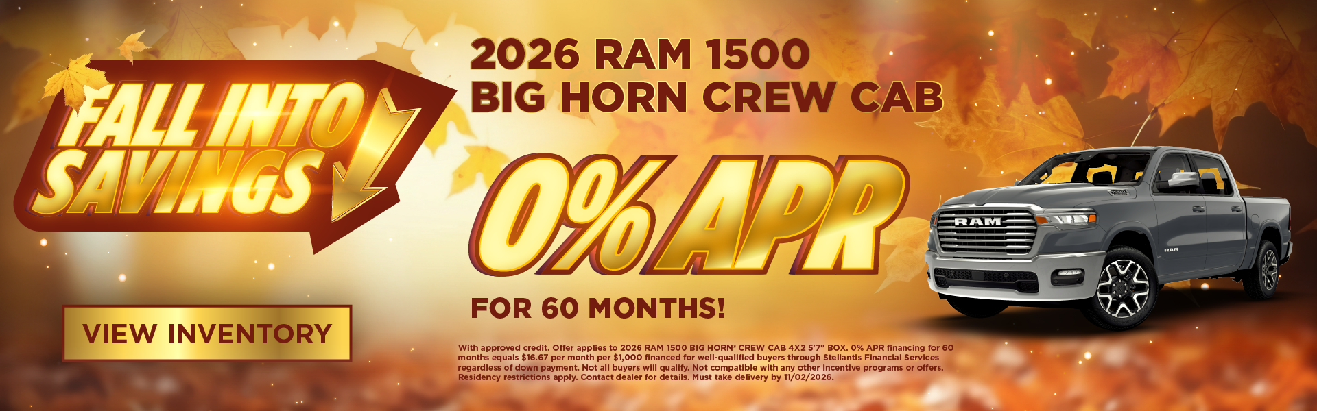 2026 Ram 1500 Big Horn Crew Cab 0% APR for 60 months!